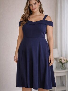 Lane Bryant Navy Off-Shoulder Fit & Flare Midi Dress NWT Elegant